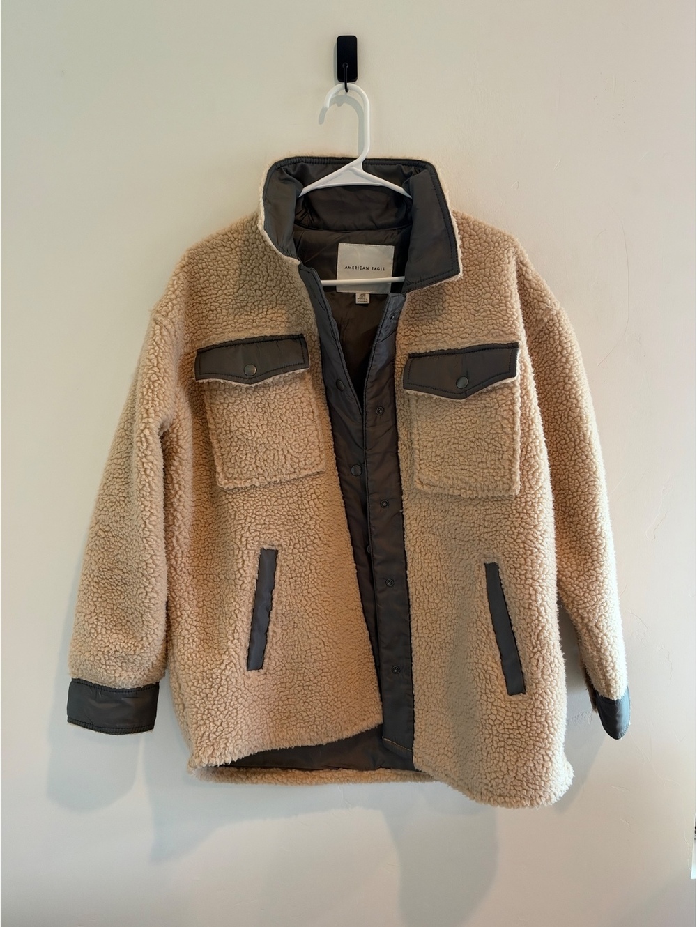 American Eagle Sherpa Jacket Beige Brown Utility Fleece Coat